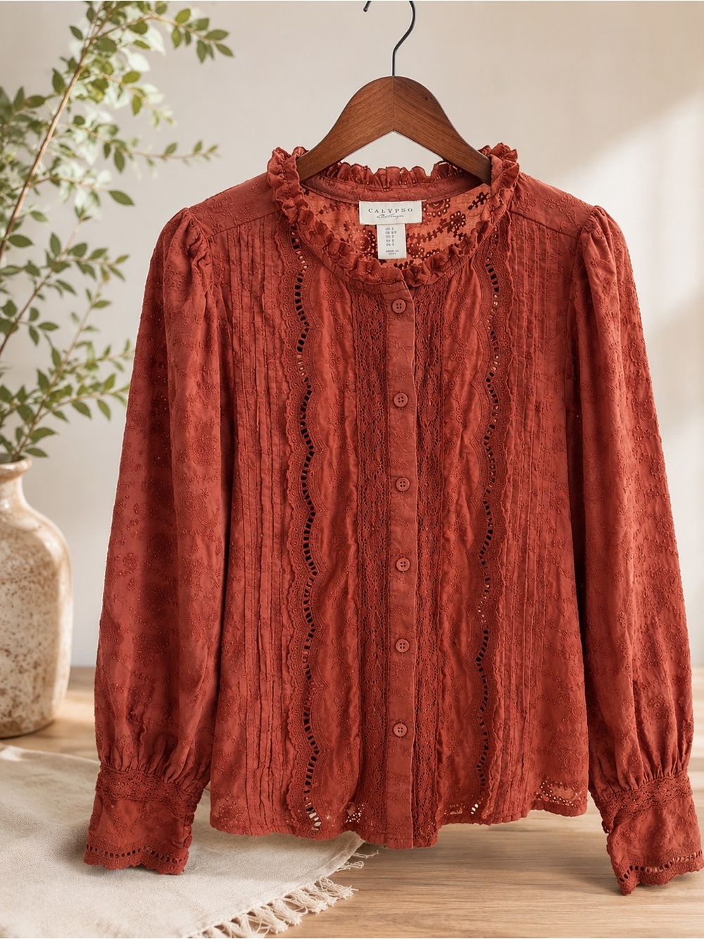 Calypso St. Barth Rust Button-Front Lace Blouse